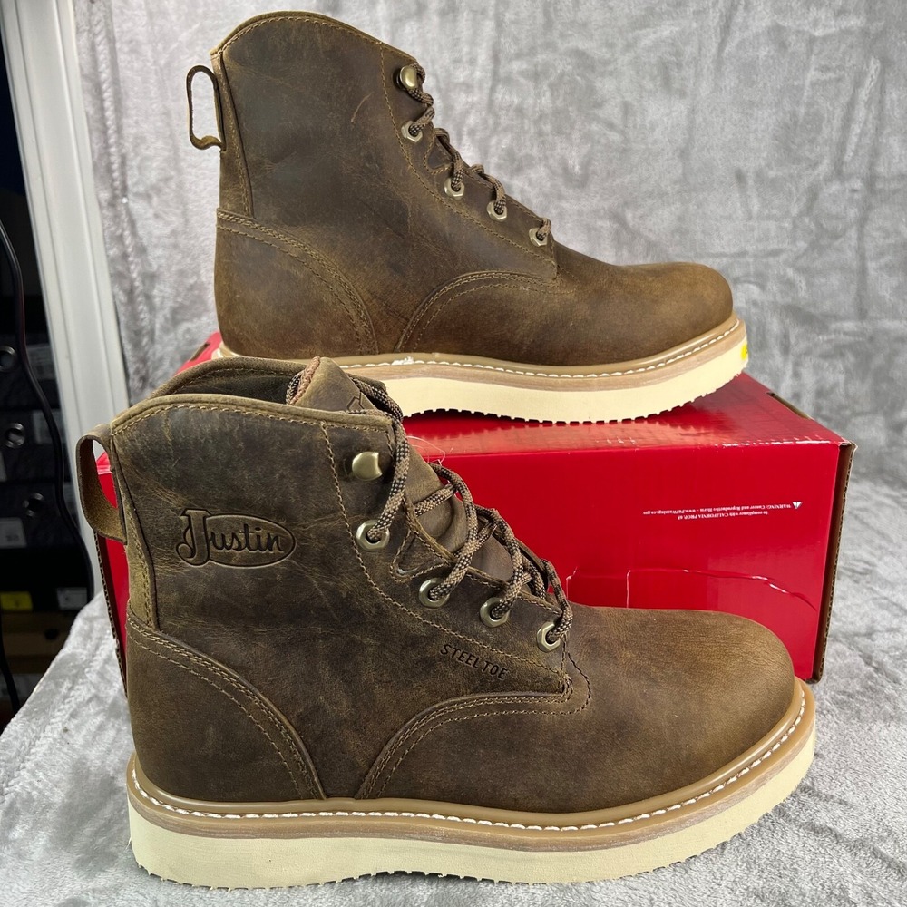 Justin‎ Steel Toe Work Boots Mens 9.5D Brown Leather Lace Up Wedge Sole Safety